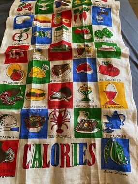 Vintage 1960 Calories Print Cotton Kitchen Tea Towel - Multicolor